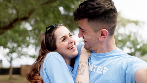 Happy-couple,-volunteer-and-hug-for-selfie