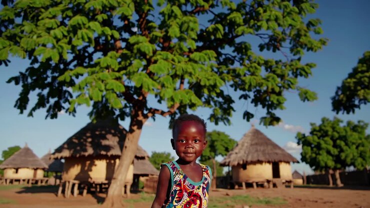 Vibrant video still of a smiling child in colorful attire, captured at eye level, with traditional