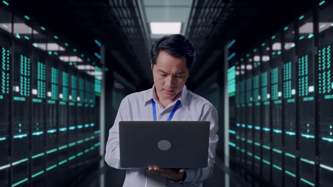 Asiatischer IT-Spezialist steht mit seinem Laptop in einem Serverraum im Rechenzentrum und arbeitet ununterbrochen.