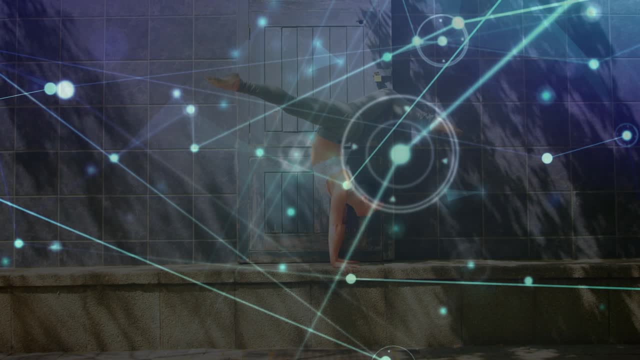 Animation of network of connections over caucasian fit woman practicing yoga outdoors