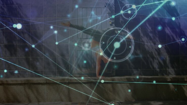 Animation of network of connections over caucasian fit woman practicing yoga outdoors