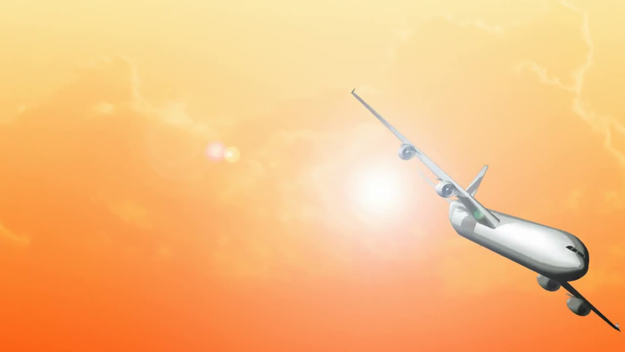 해가 지면 하늘을 날아다니는 비행기의 cgi
