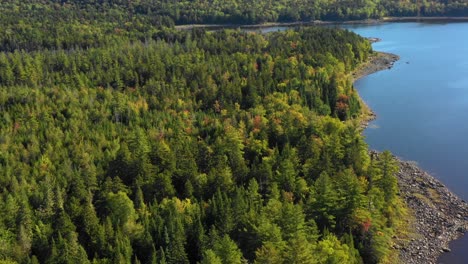 early fall aerial footage of remote lake in northern maine orbiting around a wooded rocky shoreline