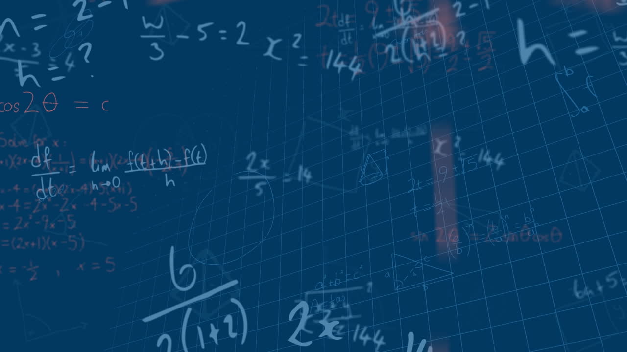 animación de ecuaciones matemáticas y diagramas flotando sobre la red de cuadrícula contra un fondo azul