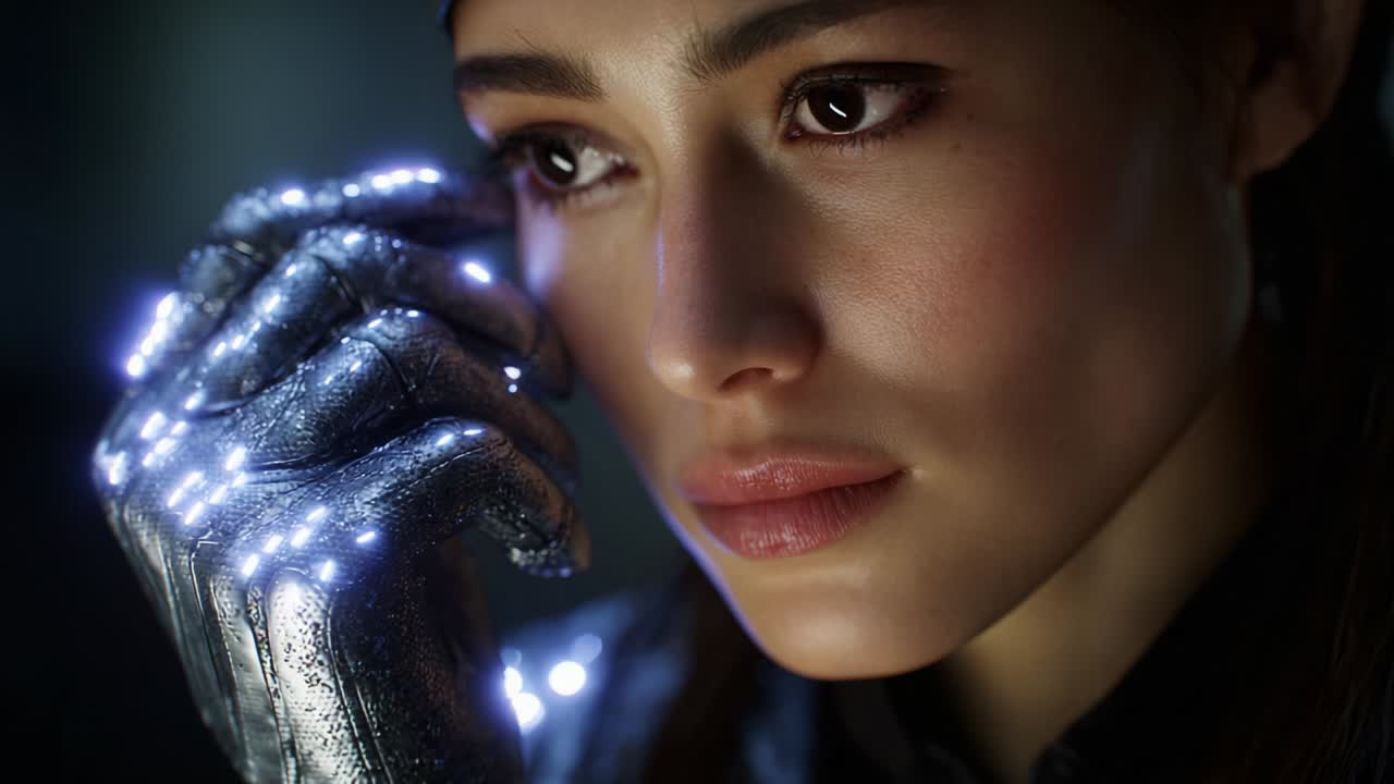 A close-up of a focused individual with a futuristic, illuminated metallic hand expressing emotion and intrigue, highlighting the blend of technology and humanity in an intimate moment of contemplation and connection