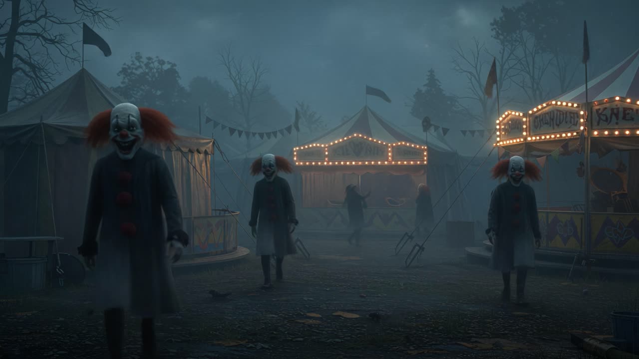 Eerie Encounter in a Foggy Carnival: Haunting Clowns Roam the Abandoned Fairgrounds Under Dim Lights, Evoking Fear and Mystery in the Night