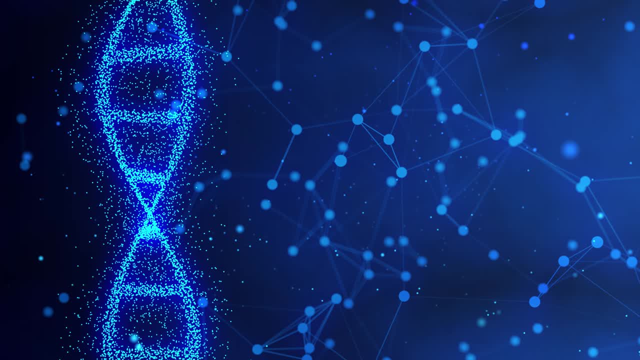 Doppia elica di DNA astratta e scintillante con profondità di campo, loop. Animazione scientifica 4K HUD 3D