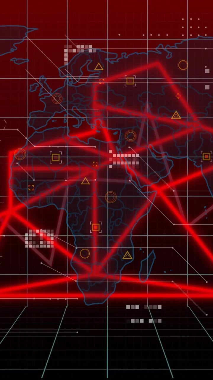 Red network connections and data points animation over world map with grid lines