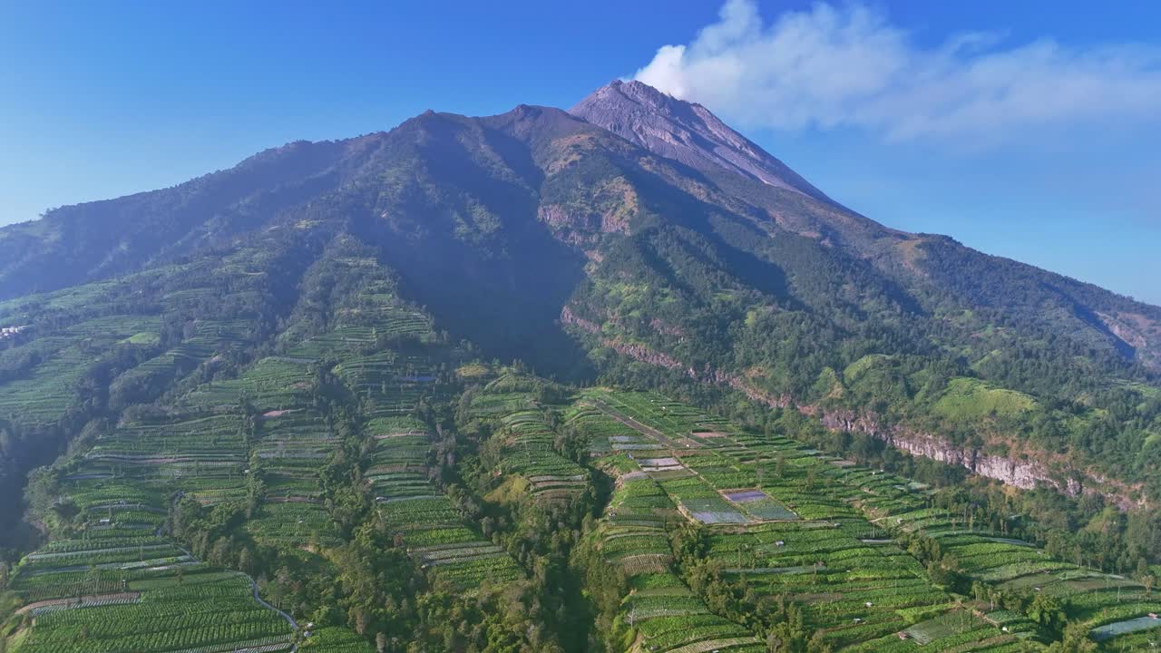 Aerial view of smoking active volcano with lush green agricultural field
