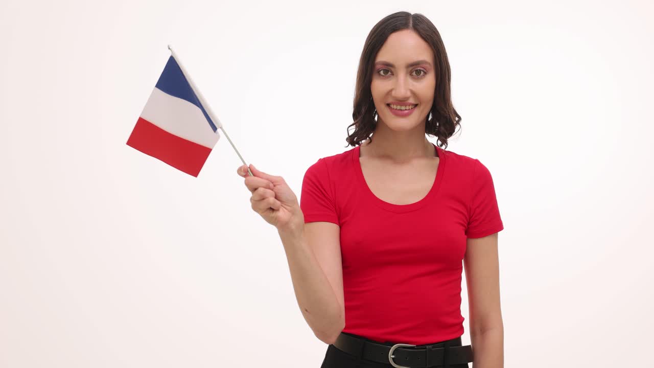 Happy Young Woman Holding French Flag