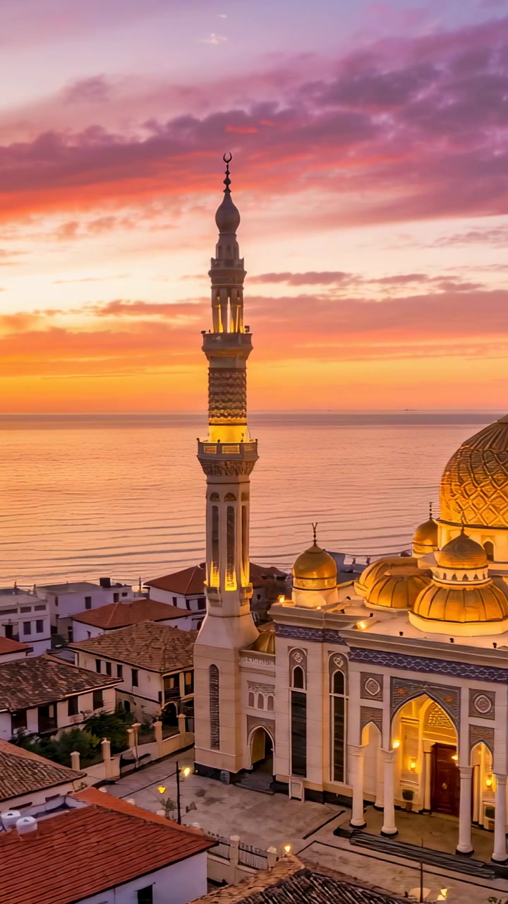 Video verticale: Inquadratura del minareto di una moschea al tramonto, con la telecamera che si inclina e zooma evidenziando le cupole.