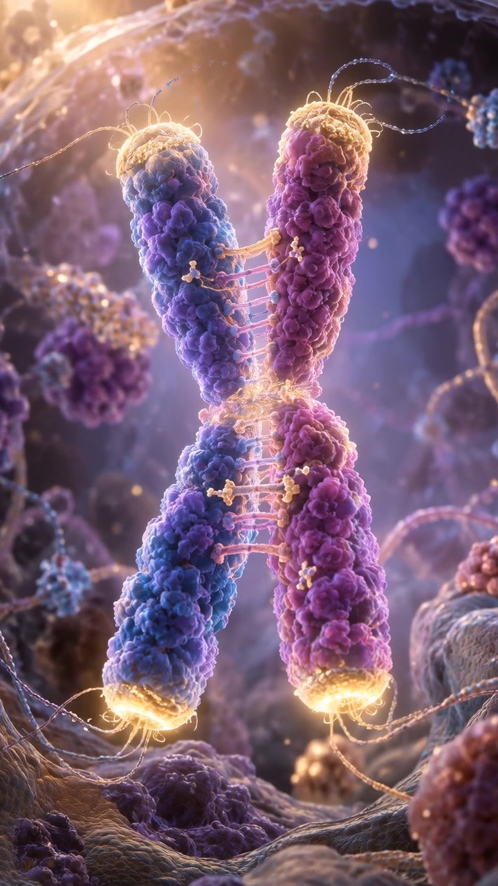 Close view shows a suspended chromosome subtly turning as textured blue and magenta arms shift in perspective, with luminous ends and fine connecting strands among blurred molecular forms.