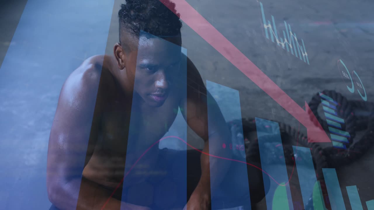 animación de estadísticas y gráficos sobre el hombre haciendo ejercicio tomando un descanso