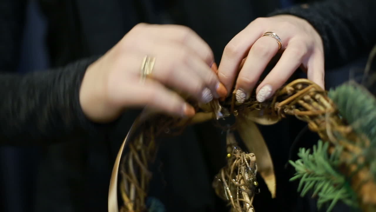 Christmas Tree Toys Handmade. Young girl making by hands x-mas decorations