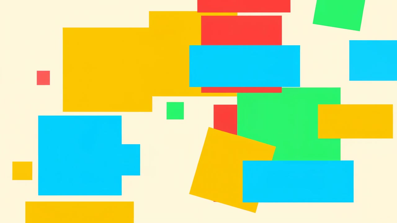 Abstract composition with bright red, blue, yellow, green, and orange rectangles scattered across a soft light beige surface, creating a clean modern layout