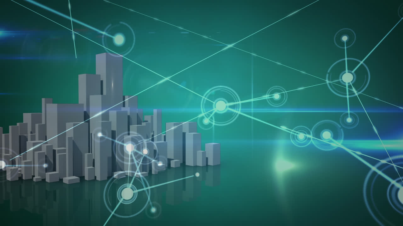 animación de la red de conexiones con iconos sobre la ciudad