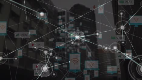 animación de datos de redes sociales y edificios de oficinas a través de una red de conexiones