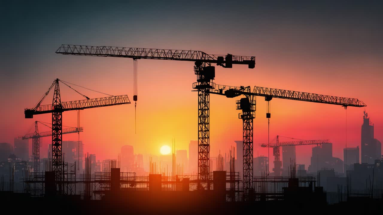 Silhouetted Cranes Against a Vibrant Sunset Over a Construction Site with Urban Background, Showcasing Industrial Growth and Progress in City Development