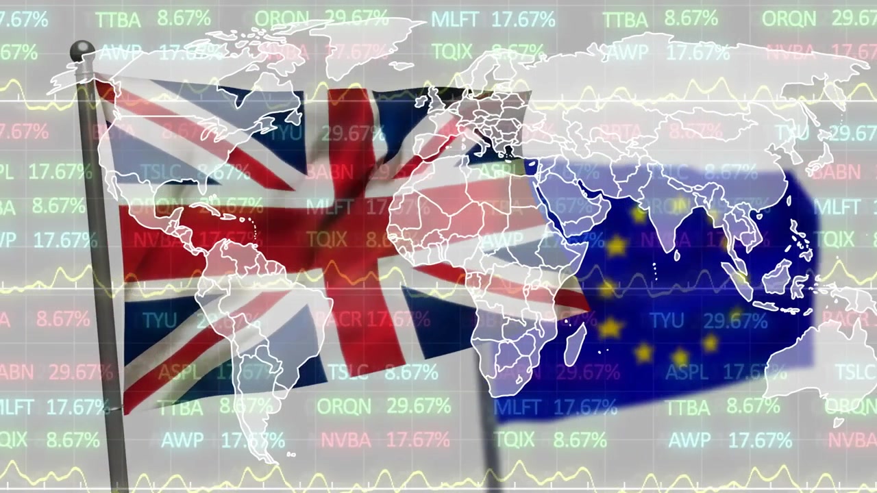 Animation of financial data processing with world map over flag of eu and uk on white background