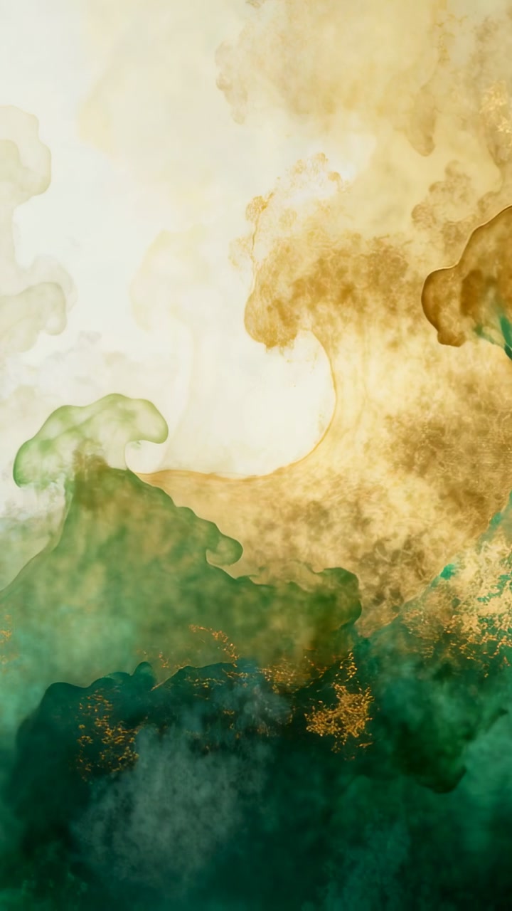 Teal pigment cloud rising and diffusing after initial drop, forming marbled design with gold flecks