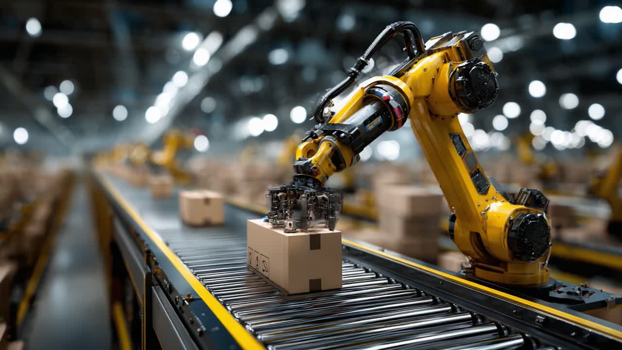 Automated Robotic Arm Handling Packages on a Conveyor Belt in a High-Tech Warehouse Environment, Showcasing the Future of Logistics and Efficiency in Supply Chains