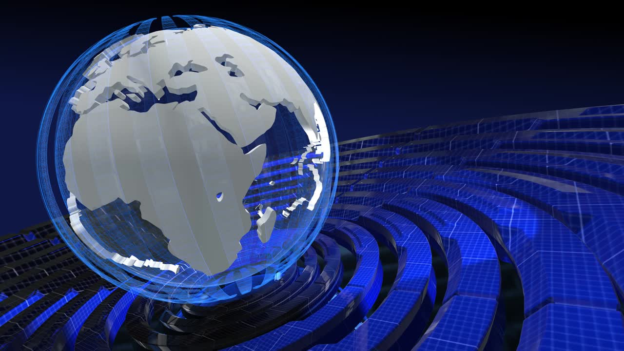 el mapa digital del mundo es el bucle de fondo del estudio de noticias.