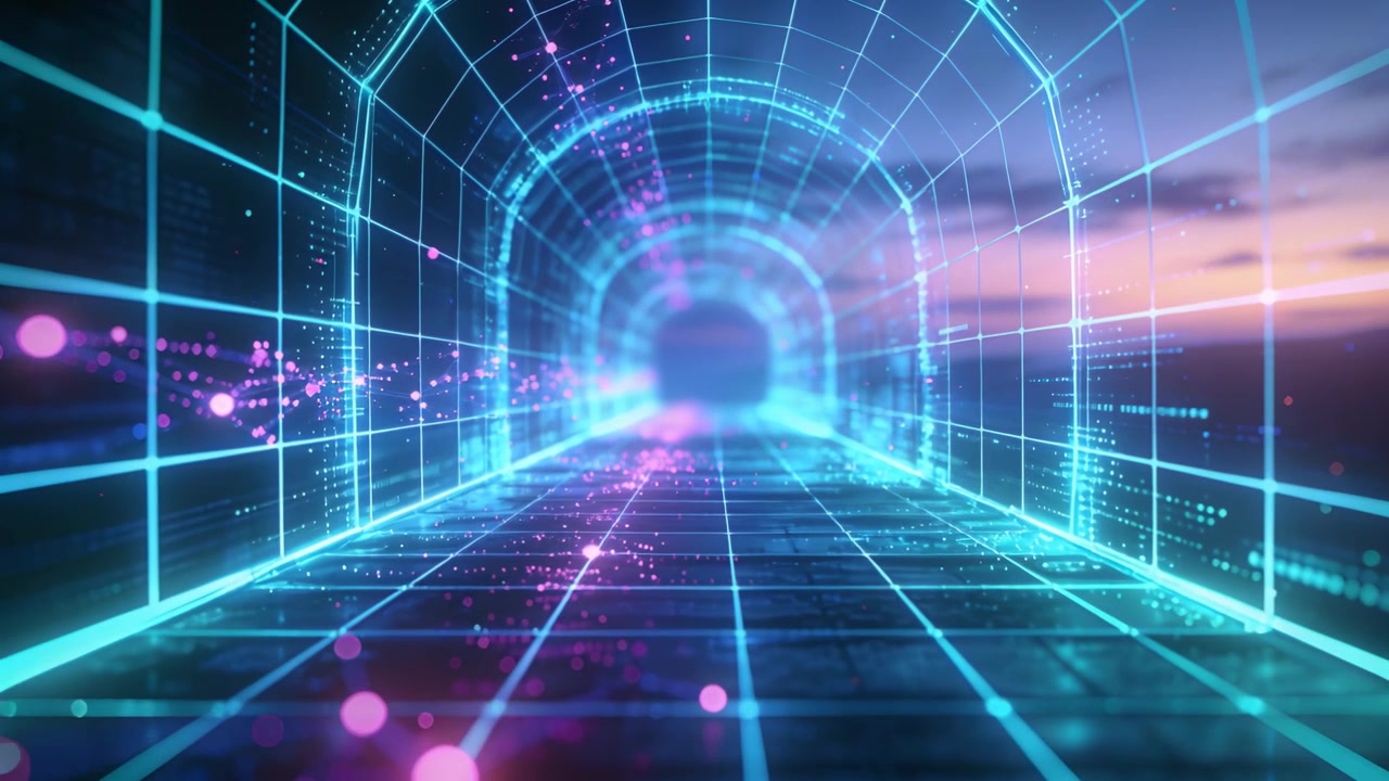 Prospettiva che avanza in un tunnel a griglia neon in movimento verso un arco luminoso, con particelle magenta che lasciano una scia