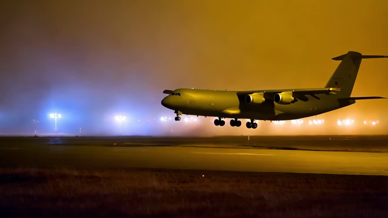 avión de carga militar aterrizando por la noche en la niebla