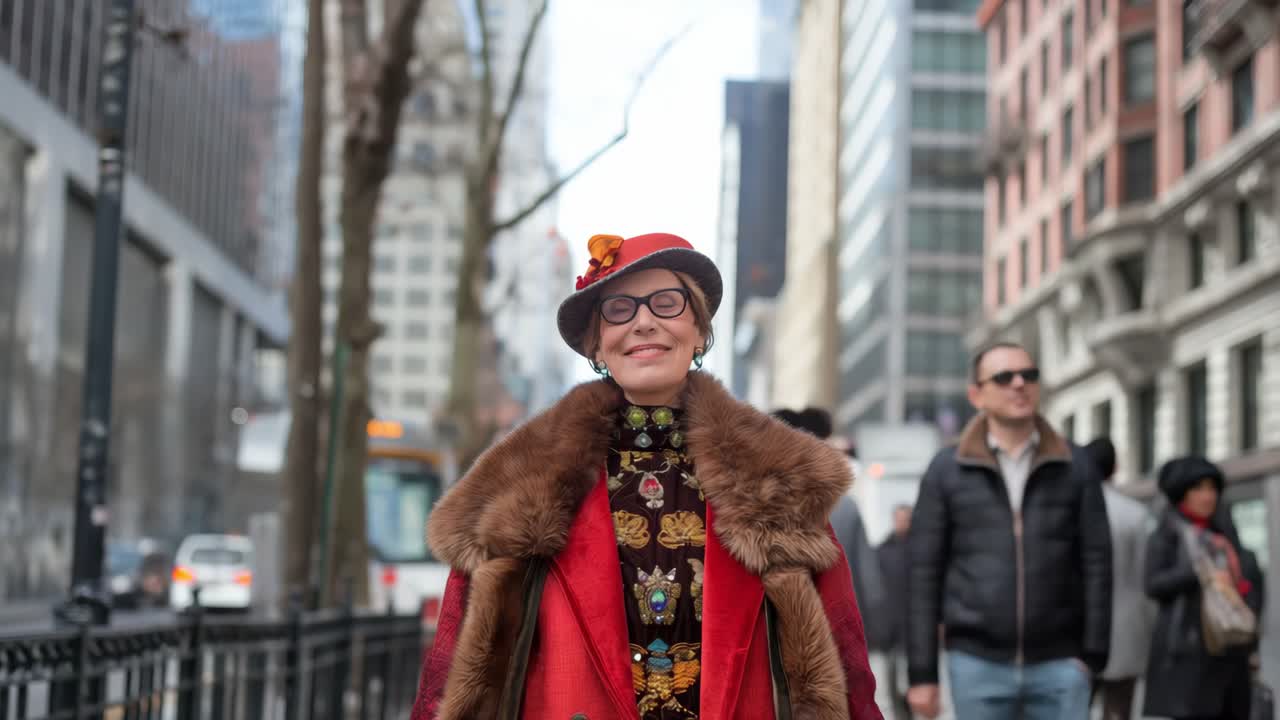 Stylish senior woman in vibrant red fur coat, patterned dress, and colorful hat confidently walking through bustling downtown urban environment, radiating elegance and joy