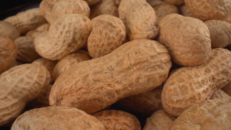 Peanuts-in-shells-macro-moving,-tasty-food-product-used-in-many-recipes-like-chocolates,-sauces-and-oils,-known-allergen,-healthy-nuts,-peanut-allergy,-4K-shot