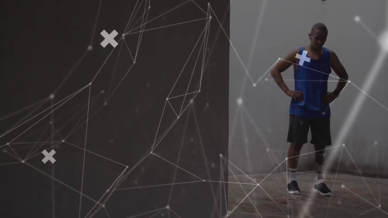animación de la red de comunicación moviéndose sobre un atleta masculino con una pierna protésica descansando al aire libre