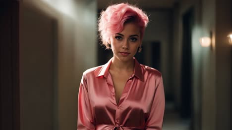 a woman with pink hair wearing a pink shirt