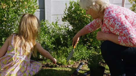 Grandmother-and-granddaughter-planting-in-garden-4k