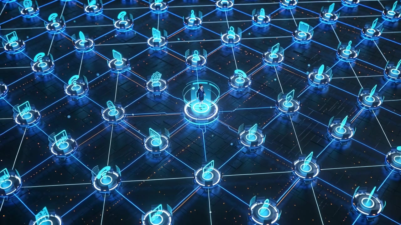 Standing suited man on center pod, camera zooming out revealing node grid showing scale, icons
