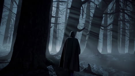 hooded figure in a mysterious forest at night