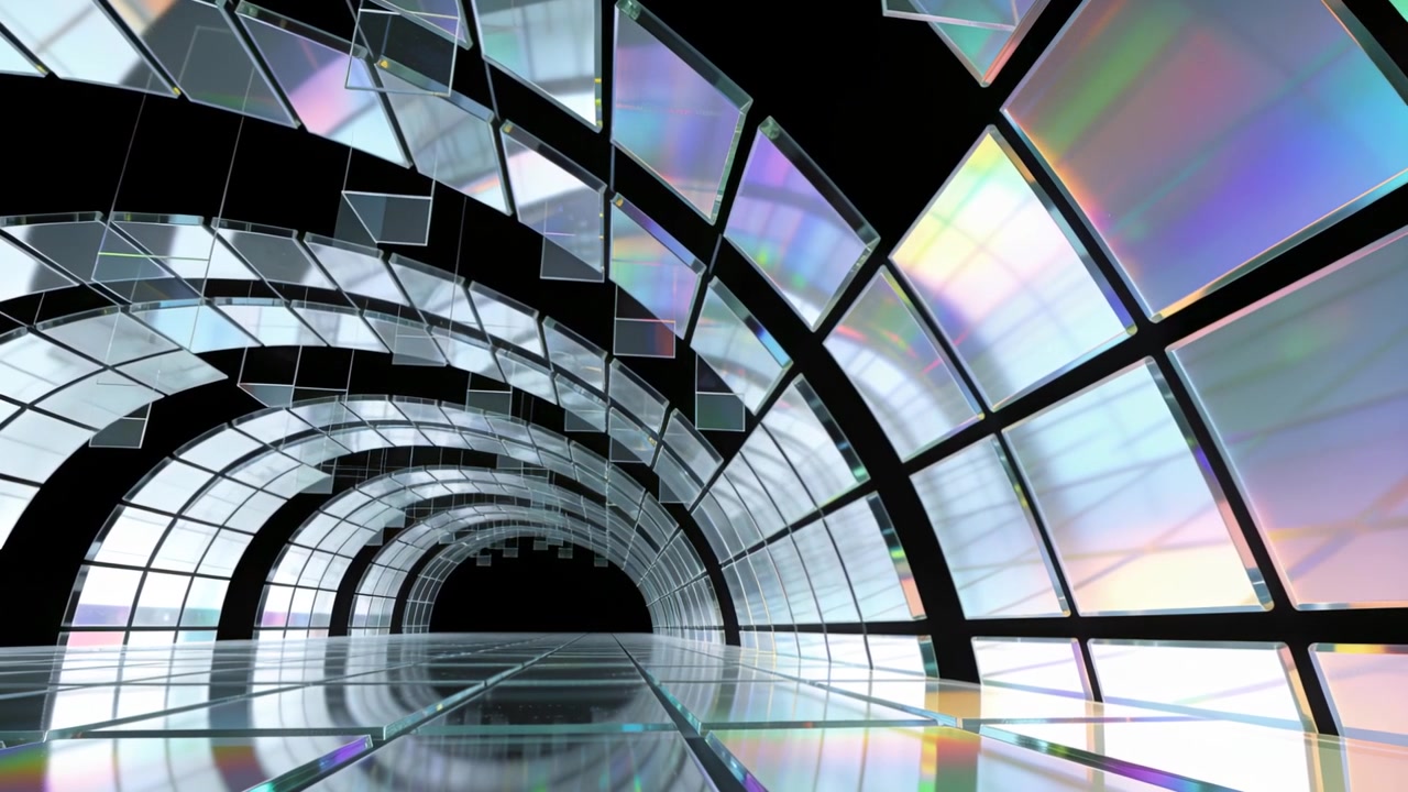 Advancing camera dollying forward through arched glass tunnel, revealing shifting iridescent panels