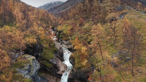 aerial view of the wild river cascading through the narrow canyon in the autumn valley