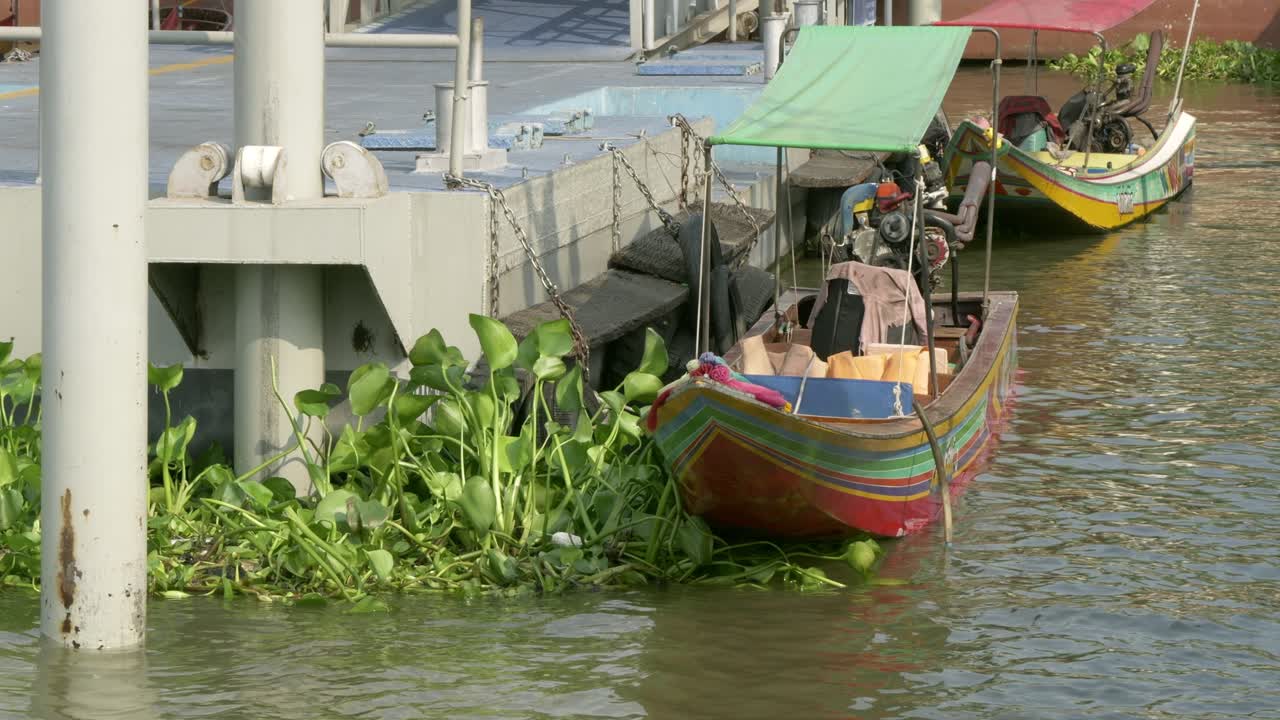 A colorful boat is partially hidden by lush water plants at a busy urban dock.