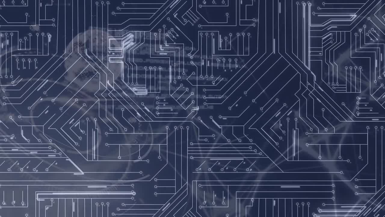 animación de las conexiones del microprocesador sobre el escáner redondo y procesamiento de datos sobre fondo azul.