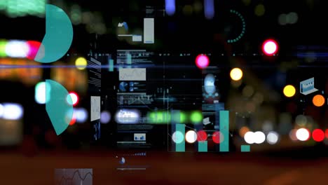animación del procesamiento de estadísticas sobre luces desenfocadas y paisaje urbano
