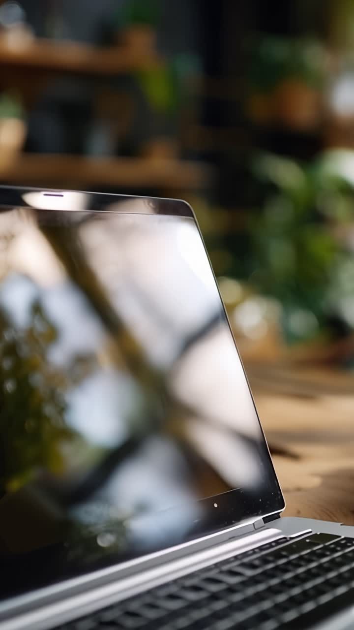 Primo piano di un elegante laptop su un tavolo di legno, circondato da una vegetazione rigogliosa in un ambiente naturale accogliente, che enfatizza tecnologia e tranquillità.