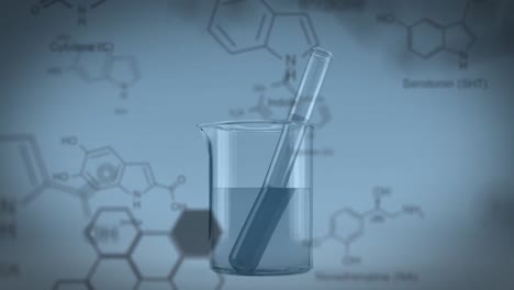 Animation-of-chemical-compound-structures-against-laboratory-test-tube-in-beaker