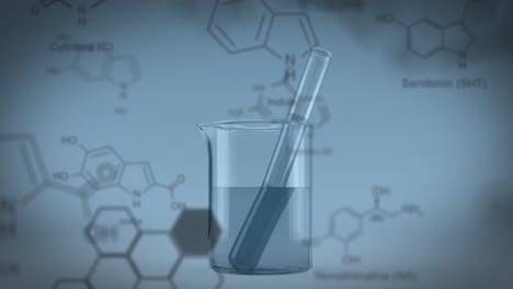 animación de estructuras de compuestos químicos contra un tubo de ensayo de laboratorio en un vaso