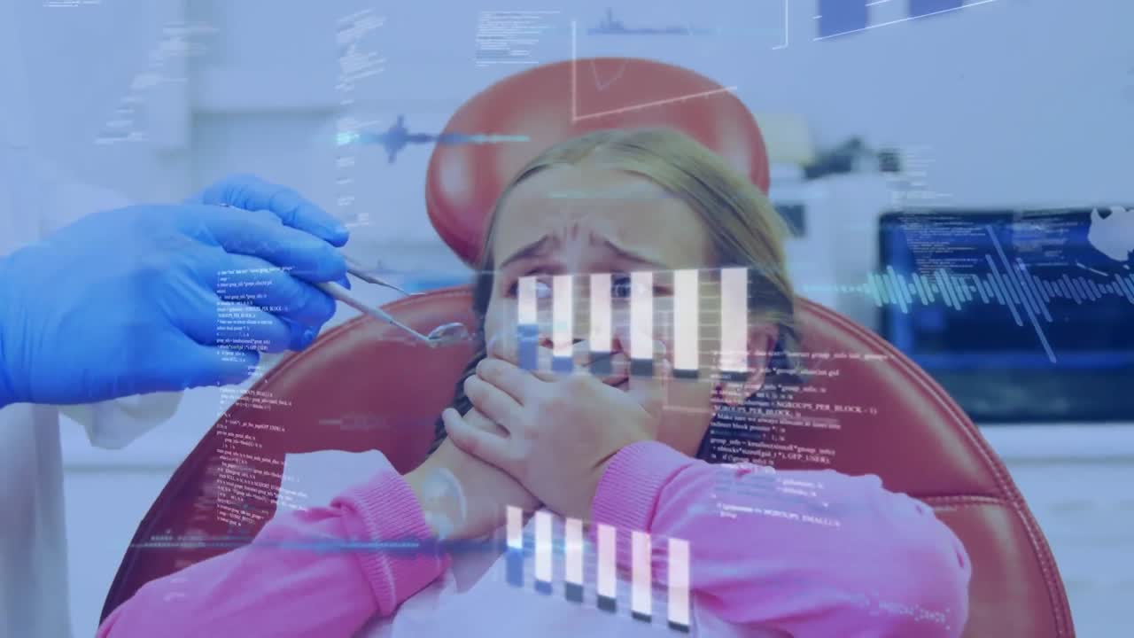 animación del procesamiento de datos sobre la niña en la silla del dentista