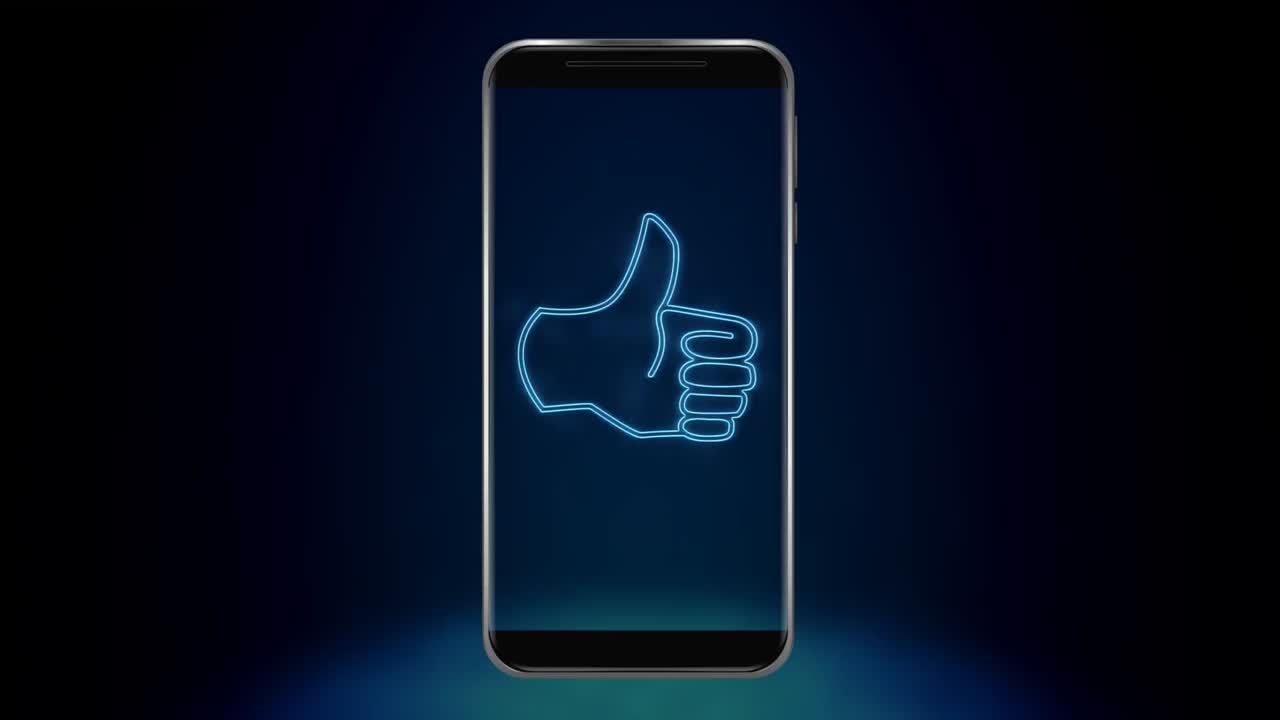 Animation of blue neon style Like icon flickering on smartphone screen on black background