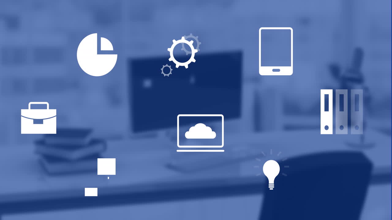 анимация бизнес-икон на офисном столе с помощью компьютера.