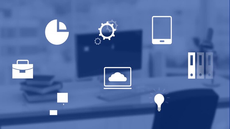Animation of business icons over office desk with computer