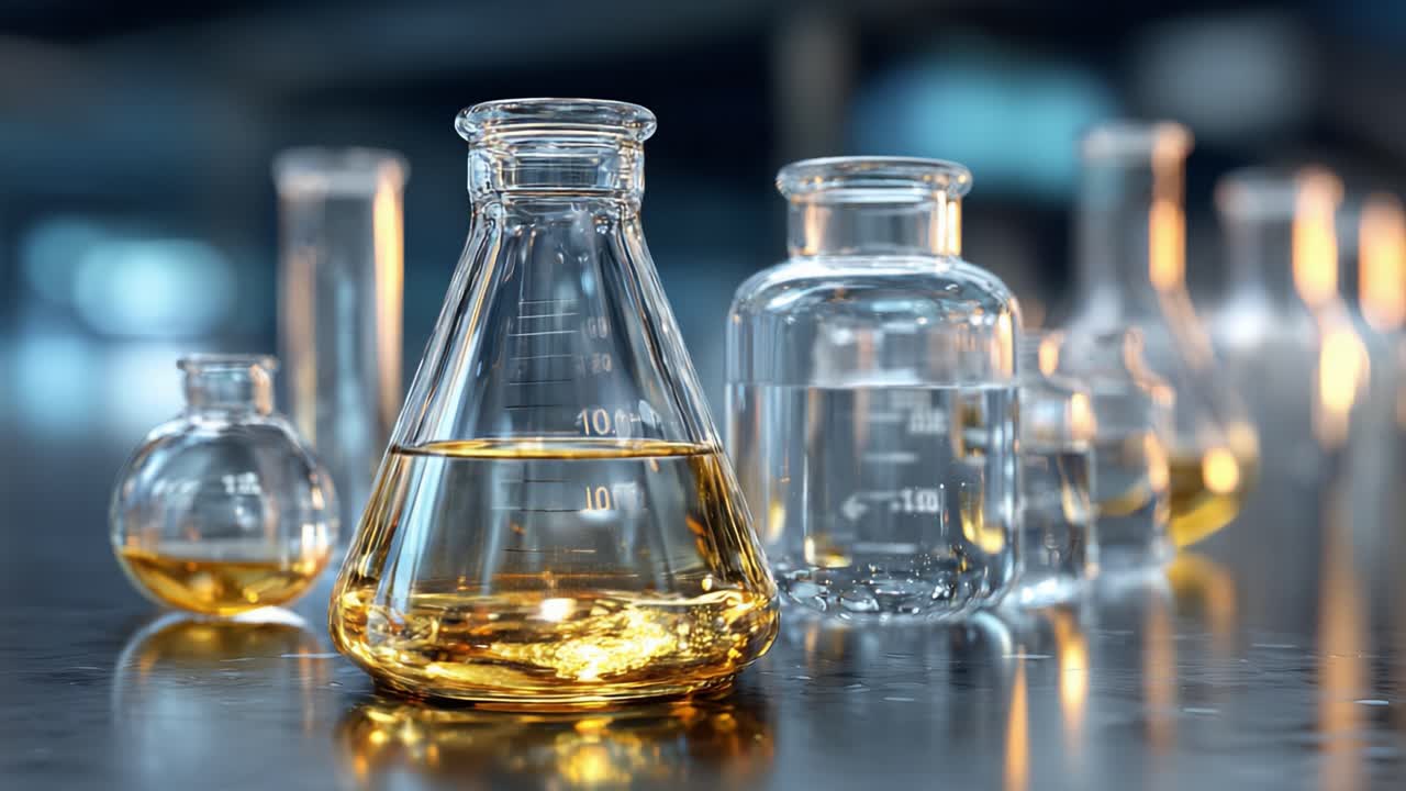 A Close-Up View of Laboratory Glassware Featuring Various Flasks and Beakers Showcasing Colored Liquids Under Soft Lighting Conditions