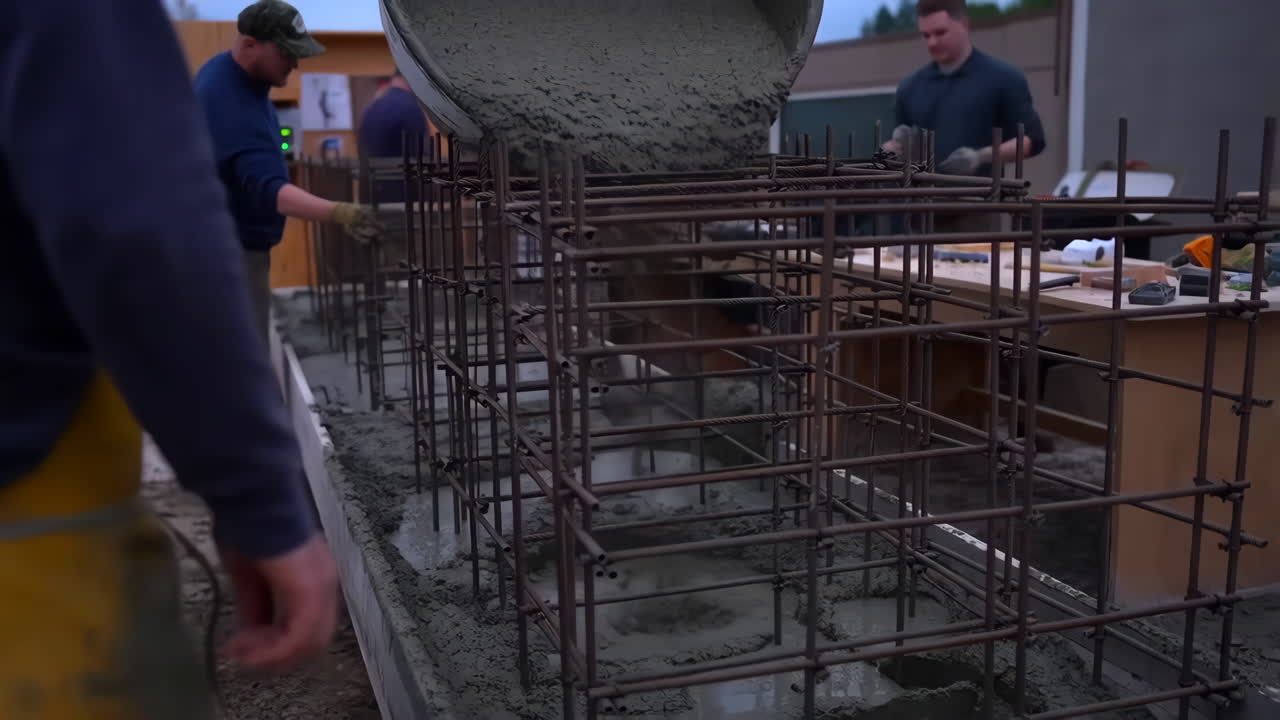 Workers Pouring Concrete into Rebar Formwork