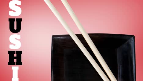 animación de sushi y plato con palos en fondo rosa